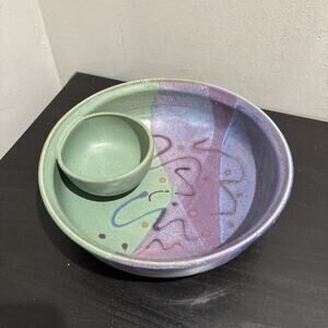 Studio Pottery SIGNED Purple Blue Green Chip Dip Veggie Tray Serving Dish